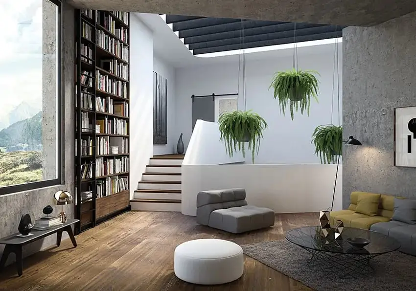 Treppe und Bücherwand über durchlaufendem Eichenboden