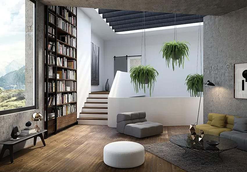 Treppe und Bücherwand über durchlaufendem Eichenboden